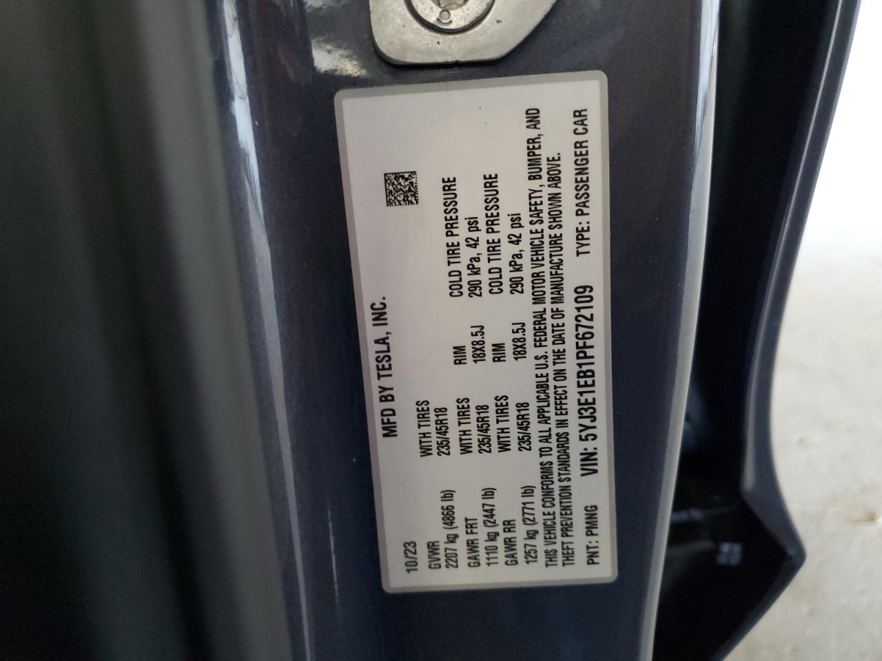 2023 Tesla Model 3 VIN: 5YJ3E1EB1PF672109 Lot: 63280945