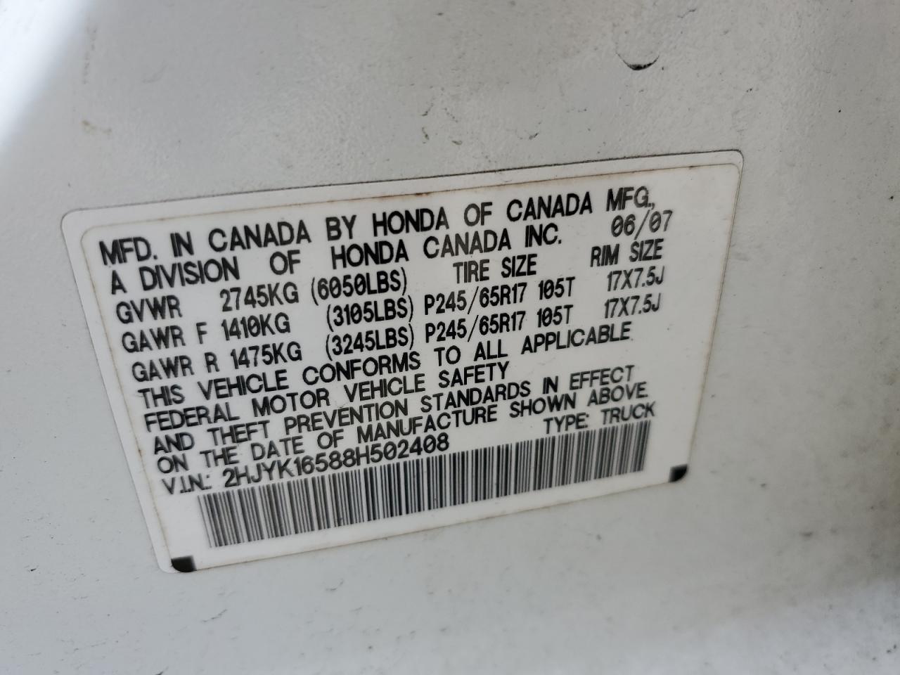 2008 Honda Ridgeline Rtl VIN: 2HJYK16588H502408 Lot: 62947165