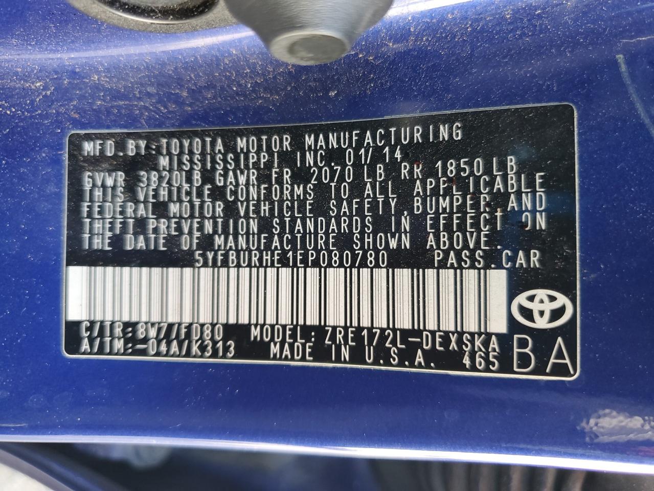 2014 Toyota Corolla L VIN: 5YFBURHE1EP080780 Lot: 65239035