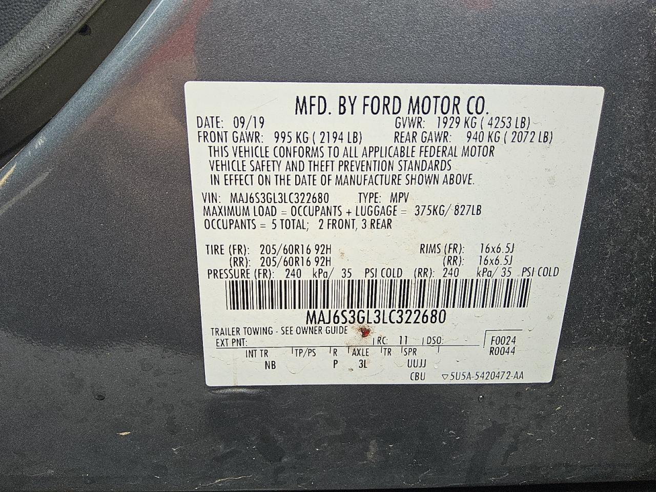 2020 Ford Ecosport Se VIN: MAJ6S3GL3LC322680 Lot: 63021235