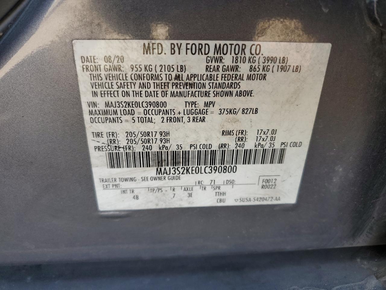 2020 Ford Ecosport Titanium VIN: MAJ3S2KE0LC390800 Lot: 63531015