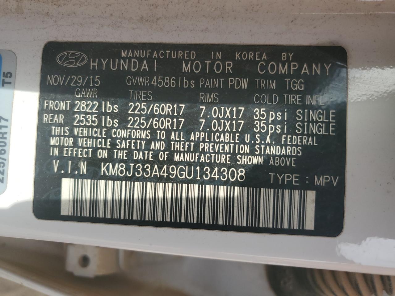 2016 Hyundai Tucson Limited VIN: KM8J33A49GU134308 Lot: 65227815