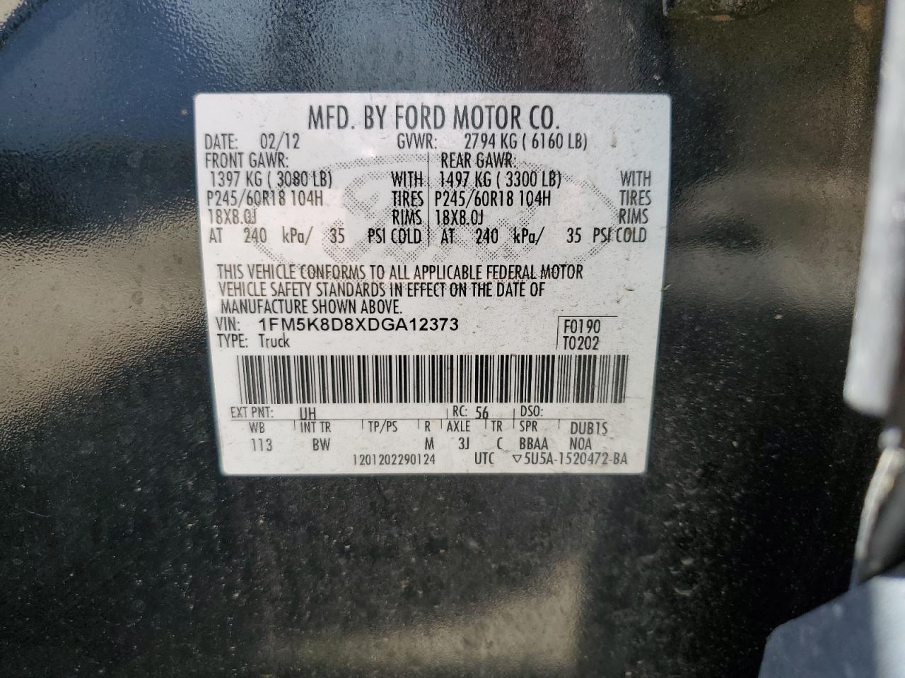 2013 Ford Explorer Xlt VIN: 1FM5K8D8XDGA12373 Lot: 63702505