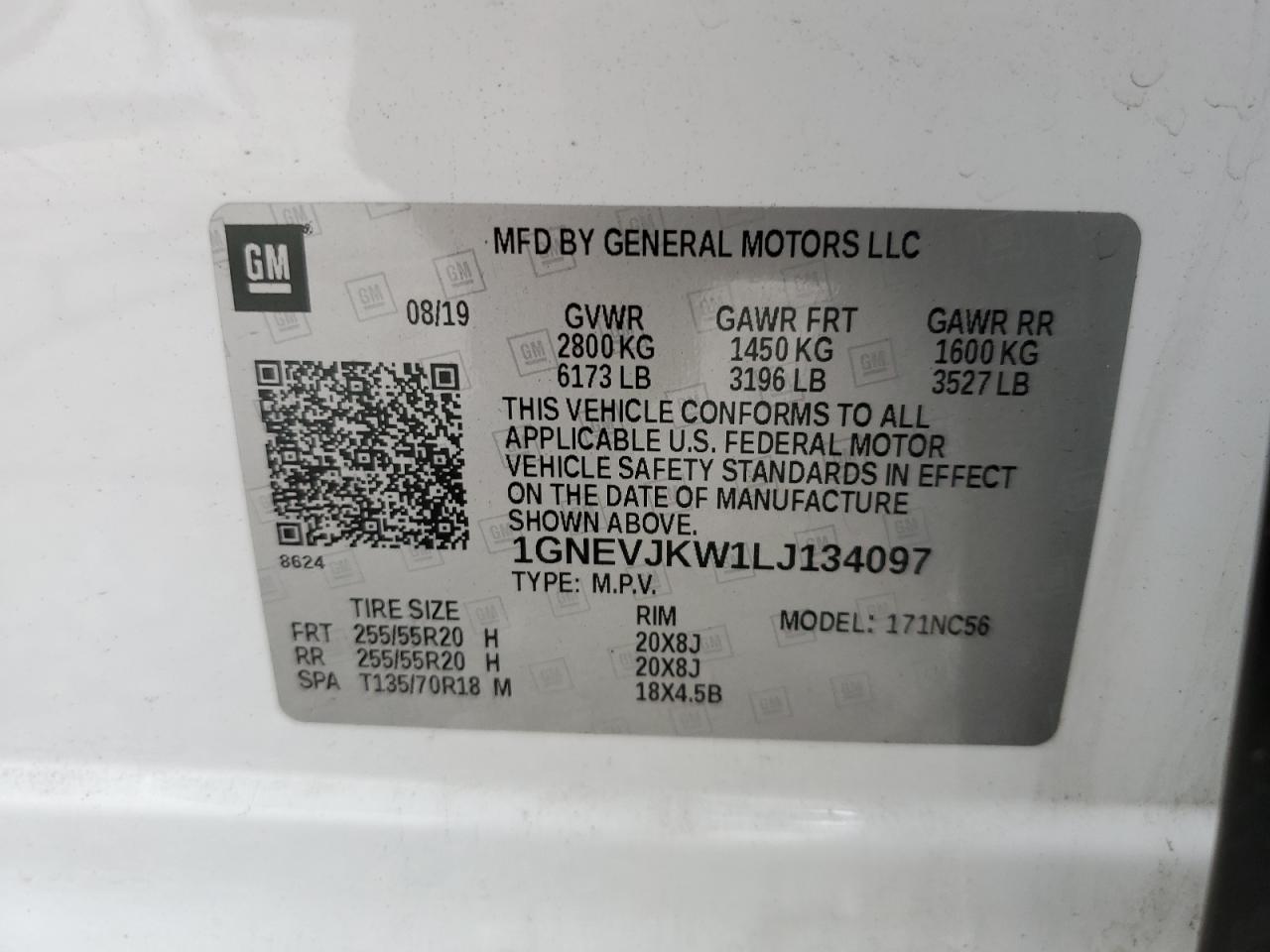 2020 Chevrolet Traverse Rs VIN: 1GNEVJKW1LJ134097 Lot: 62985435