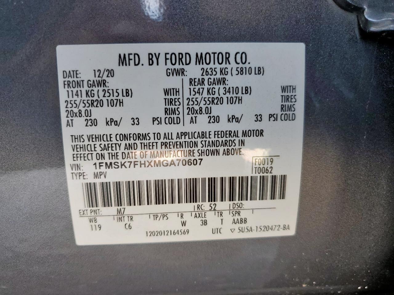 2021 Ford Explorer Limited VIN: 1FMSK7FHXMGA70607 Lot: 64111035