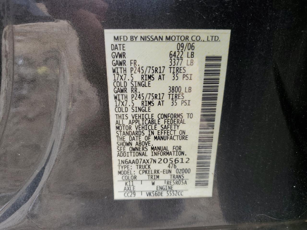 2007 Nissan Titan Xe VIN: 1N6AA07AX7N205612 Lot: 62633655