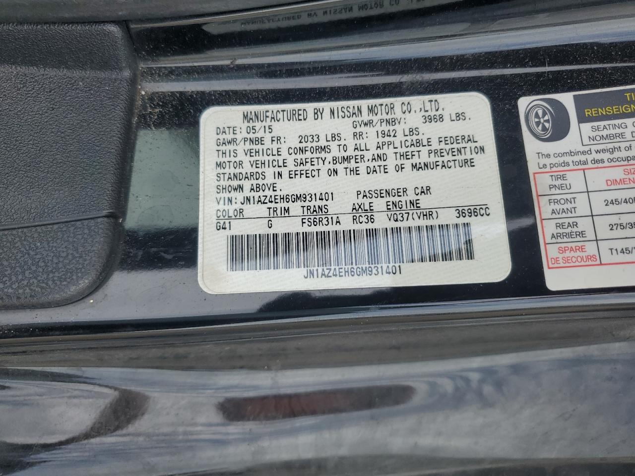 jn1az4eh6gm931401 JN1AZ4EH6GM931401 2016 Nissan 370Z Base