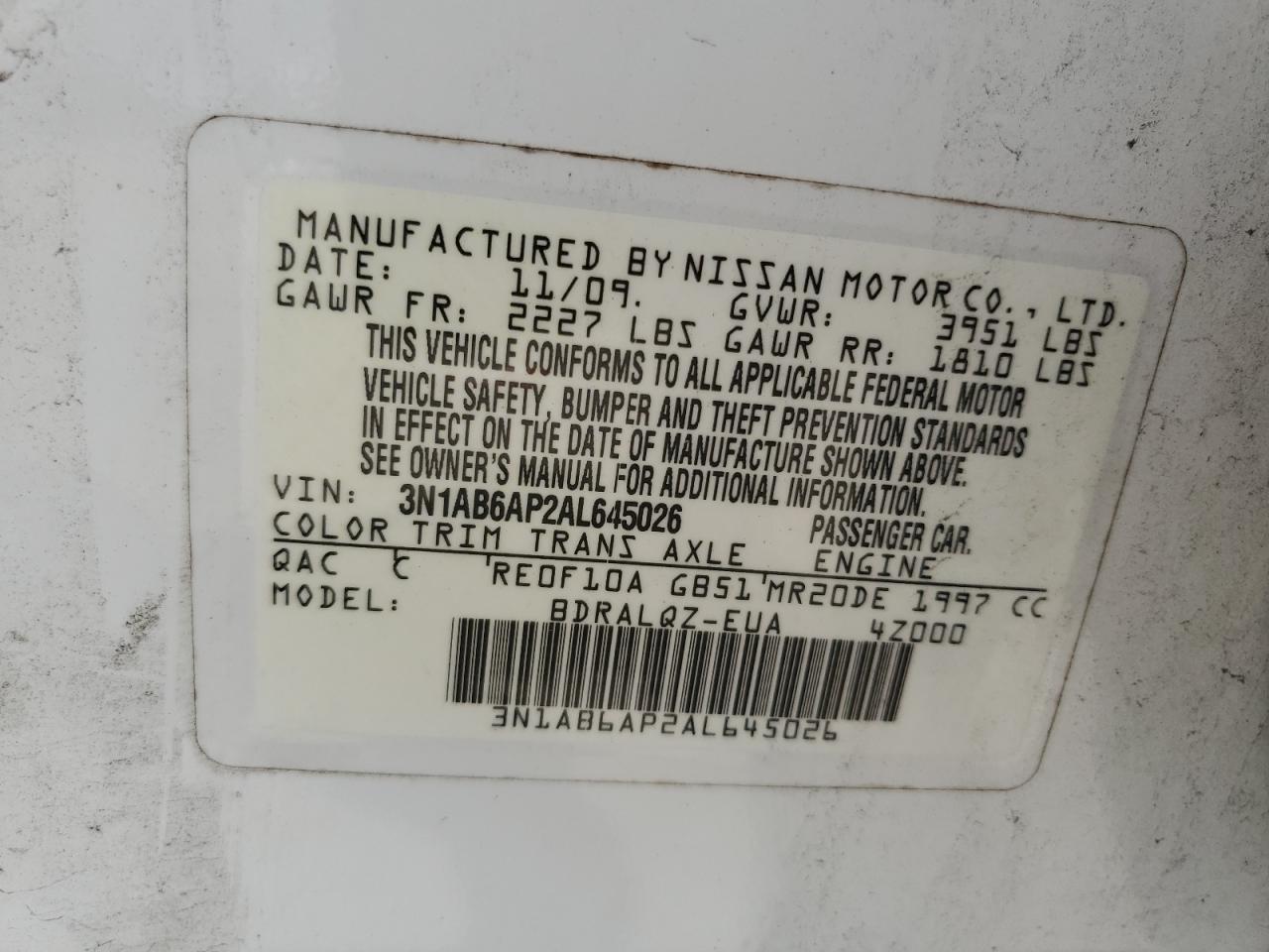 2010 Nissan Sentra 2.0 VIN: 3N1AB6AP2AL645026 Lot: 63803615