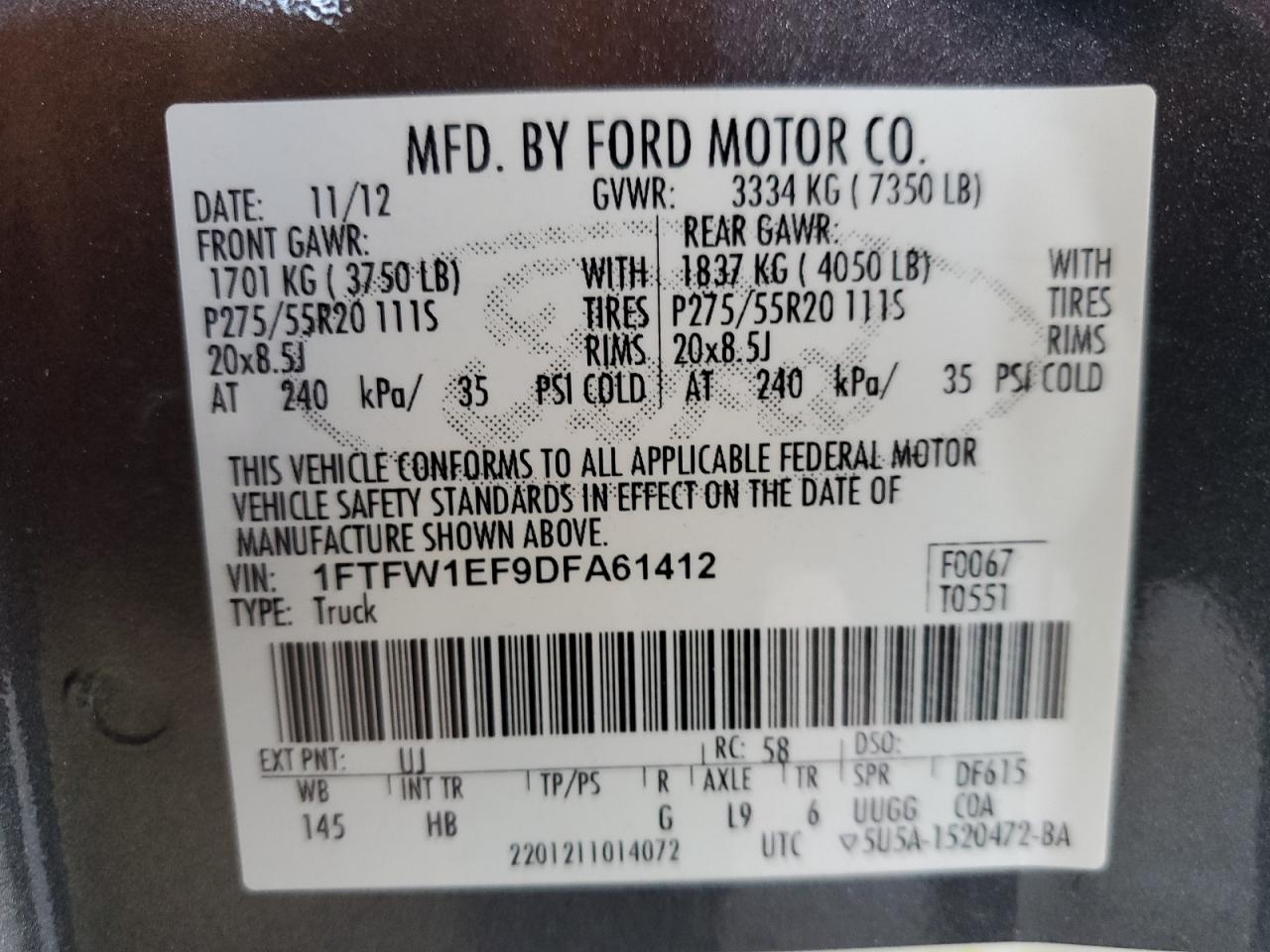 2013 Ford F150 Supercrew VIN: 1FTFW1EF9DFA61412 Lot: 64853435