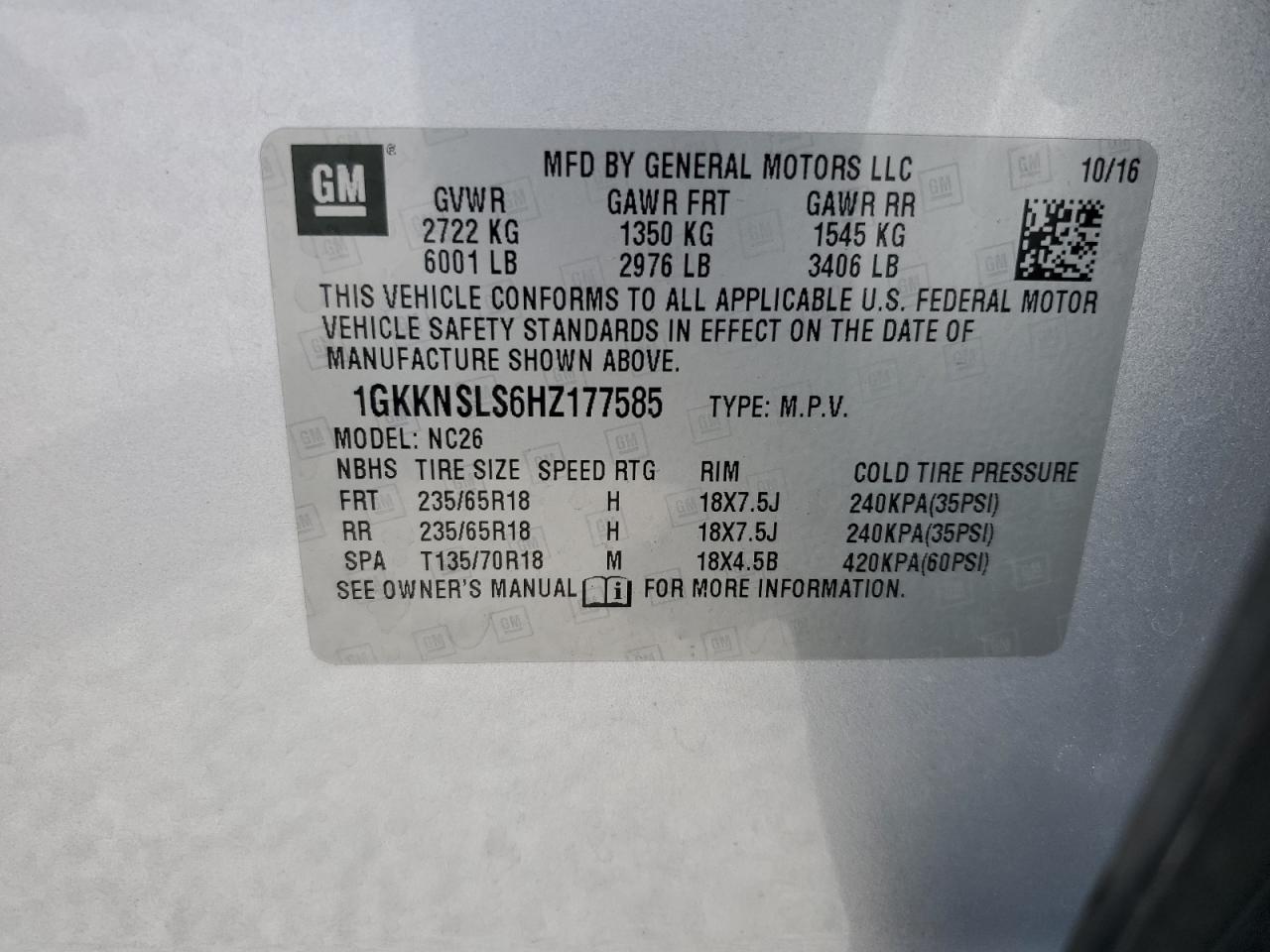 2017 GMC Acadia Sle VIN: 1GKKNSLS6HZ177585 Lot: 64128815