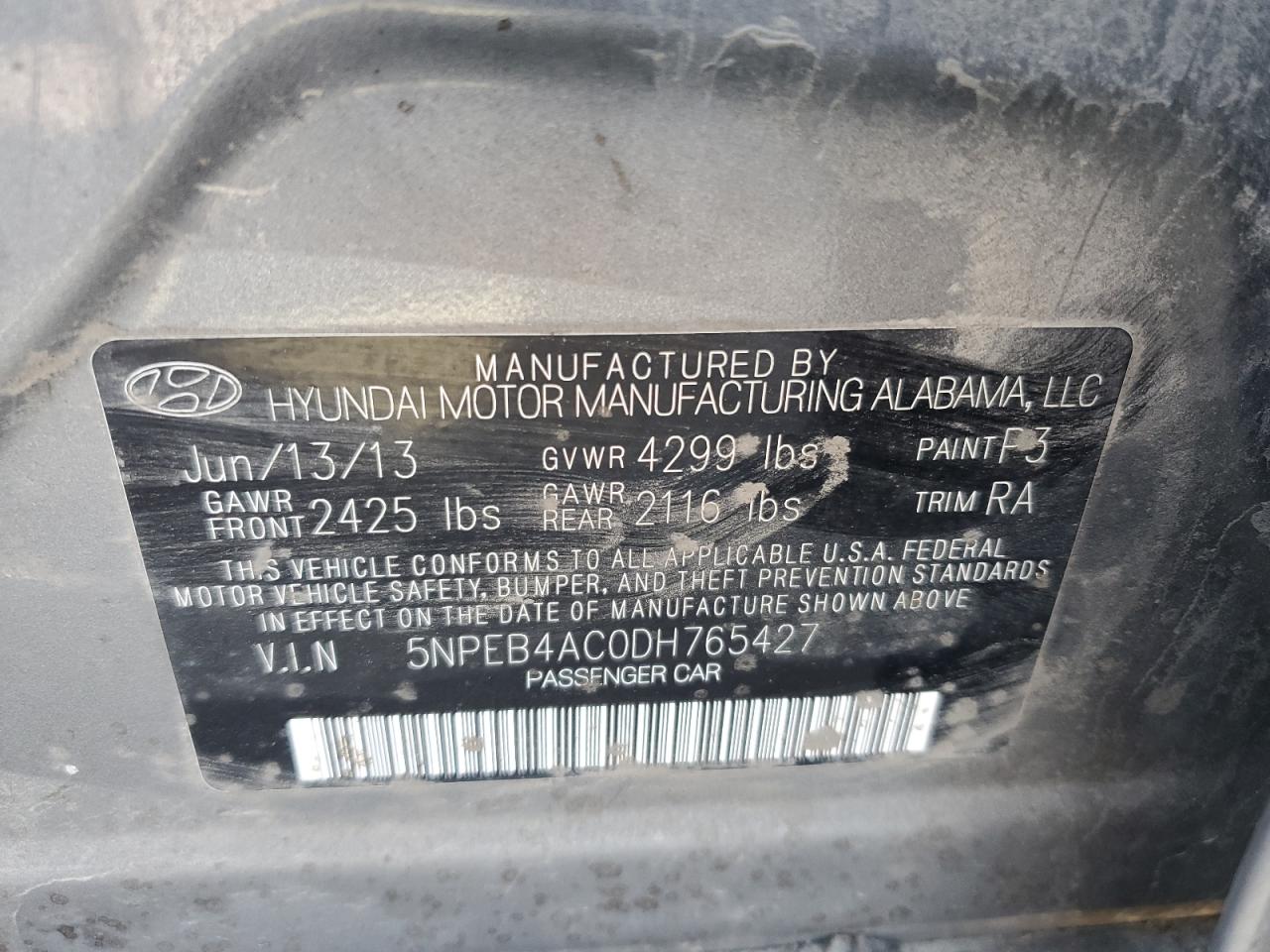 2013 Hyundai Sonata Gls VIN: 5NPEB4AC0DH765427 Lot: 64684245