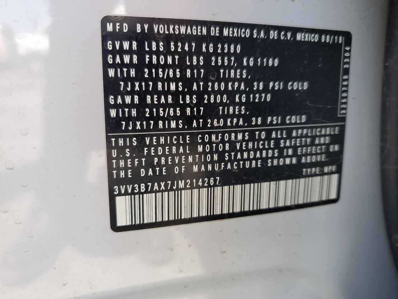 2018 Volkswagen Tiguan Se VIN: 3VV3B7AX7JM214267 Lot: 65084795