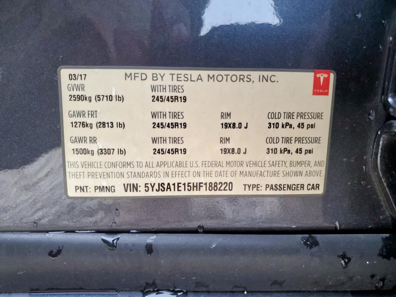 2017 Tesla Model S VIN: 5YJSA1E15HF188220 Lot: 62961315
