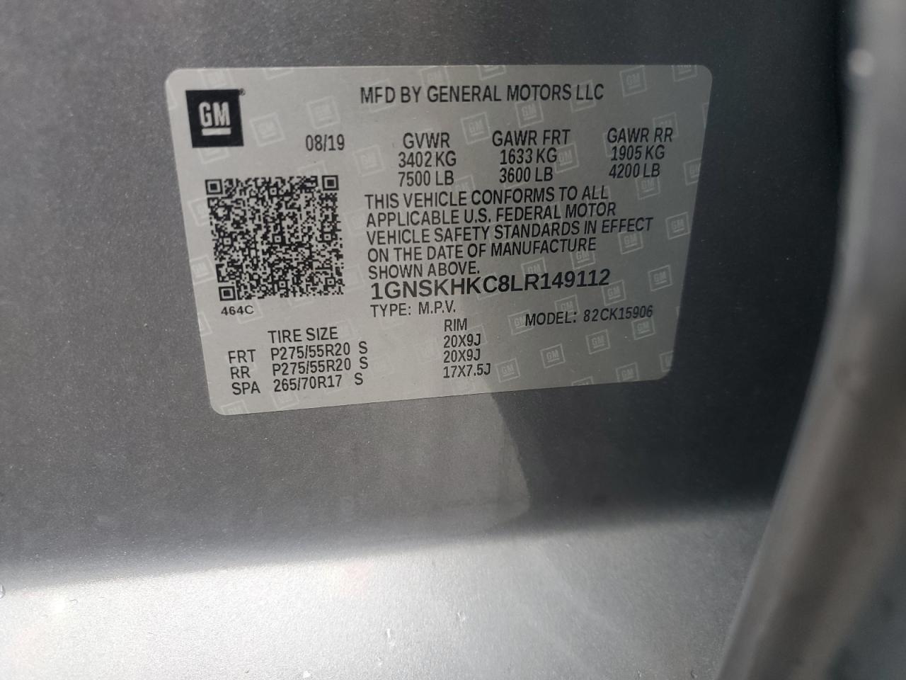 2020 Chevrolet Suburban K1500 Lt VIN: 1GNSKHKC8LR149112 Lot: 64085105