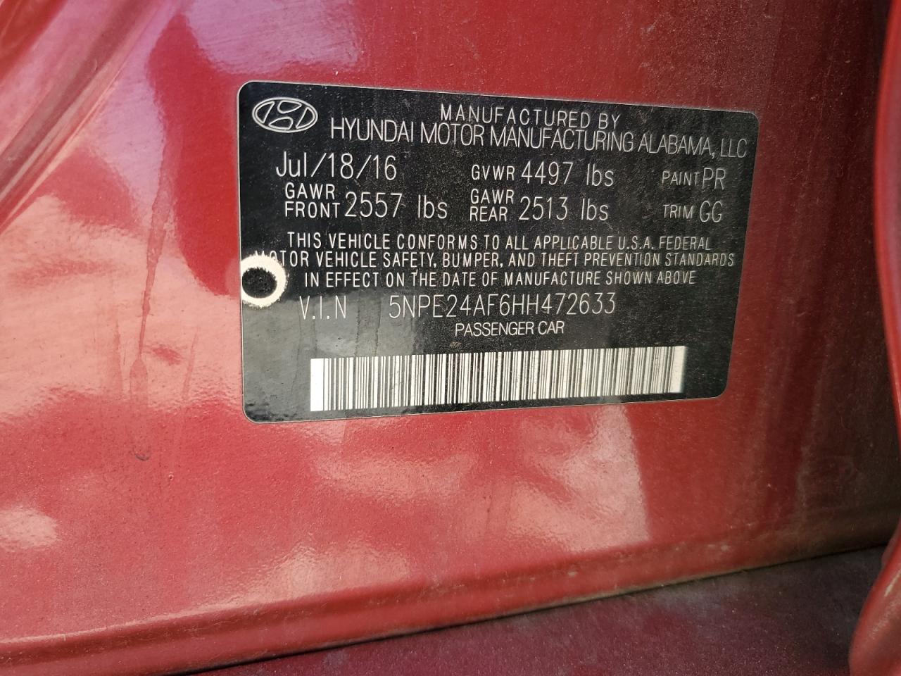 2017 Hyundai Sonata Se VIN: 5NPE24AF6HH472633 Lot: 64841075