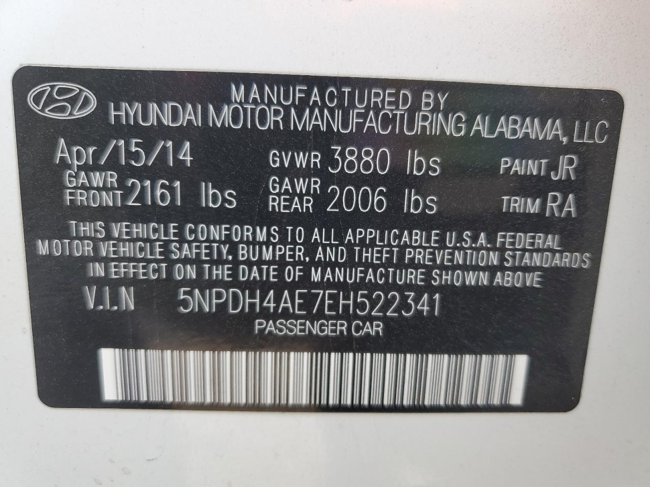 2014 Hyundai Elantra Se VIN: 5NPDH4AE7EH522341 Lot: 65100365