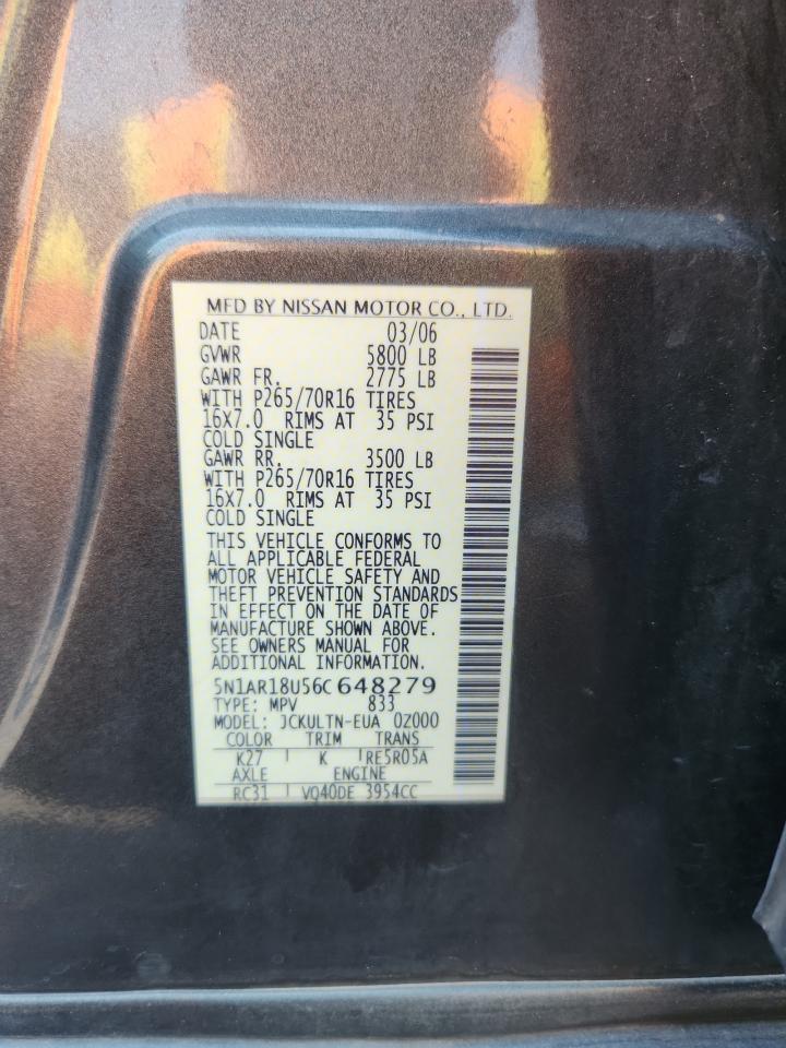 2006 Nissan Pathfinder Le VIN: 5N1AR18U56C648279 Lot: 65007835