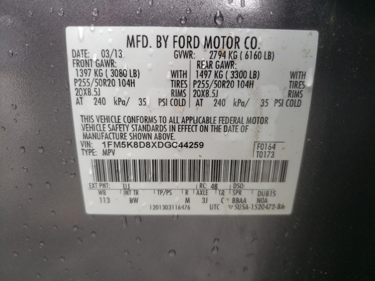 2013 Ford Explorer Xlt VIN: 1FM5K8D8XDGC44259 Lot: 65079375