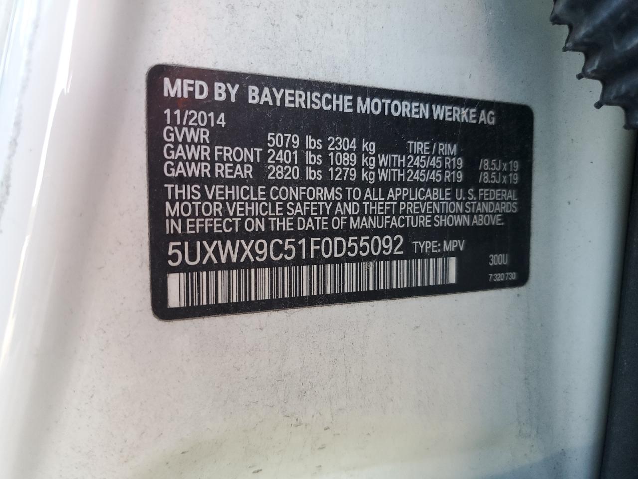 2015 BMW X3 xDrive28I VIN: 5UXWX9C51F0D55092 Lot: 63268955