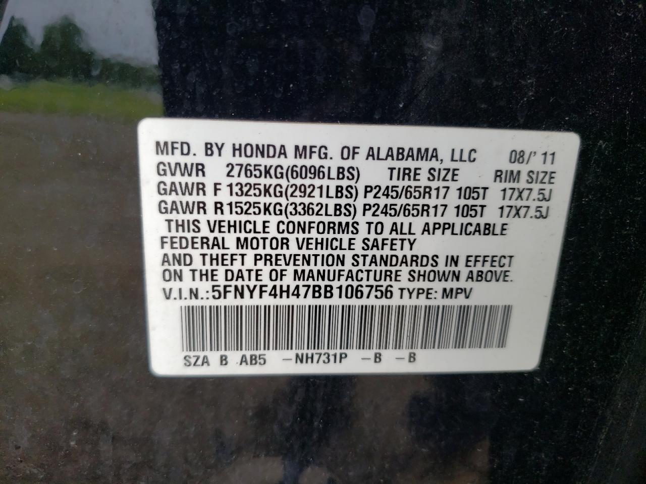 2011 Honda Pilot Ex VIN: 5FNYF4H47BB106756 Lot: 64729265