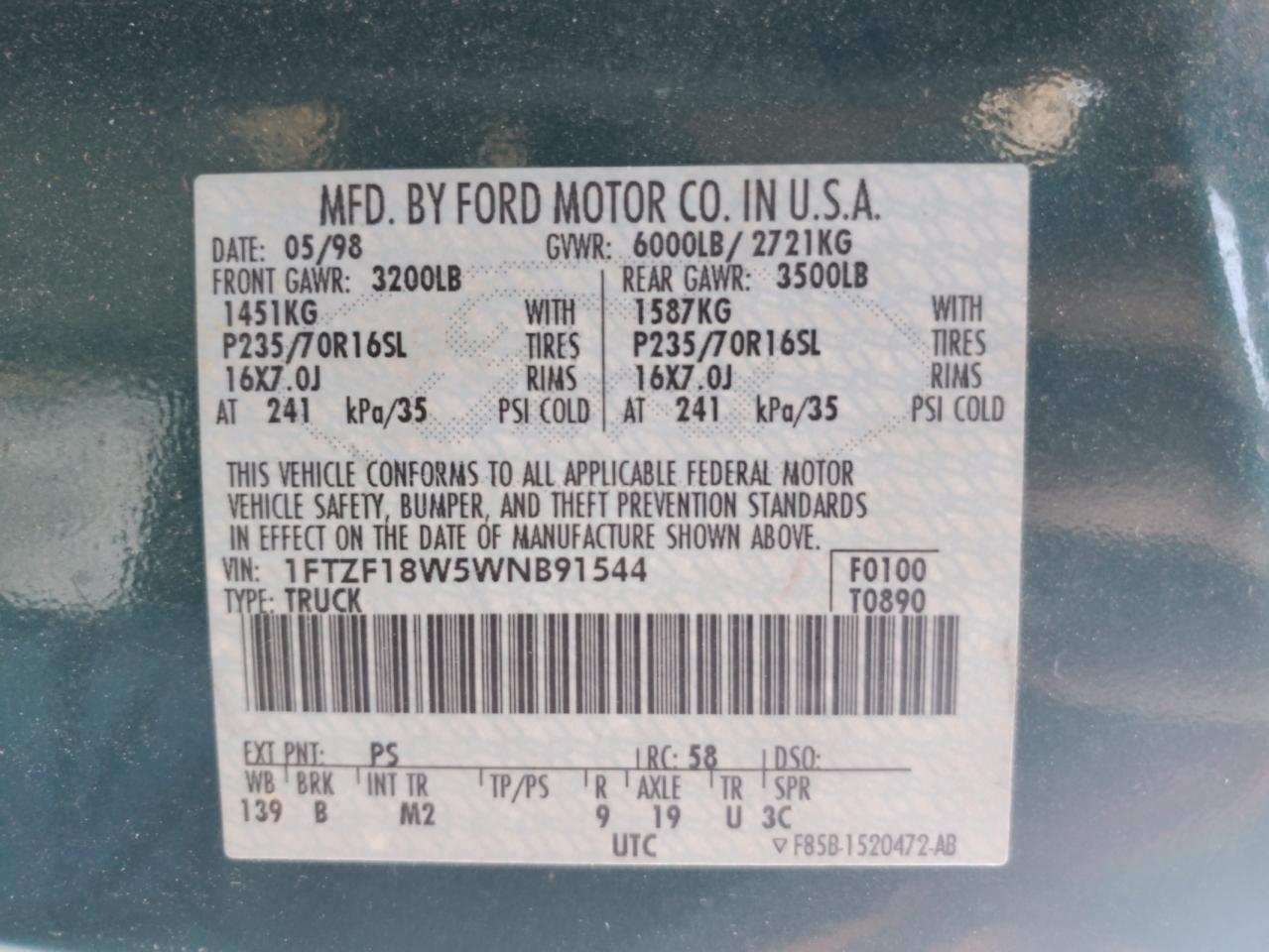 1998 Ford F150 VIN: 1FTZF18W5WNB91544 Lot: 64622775