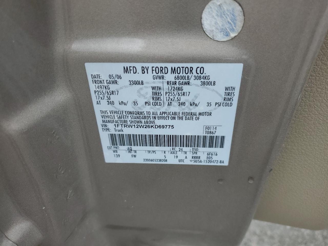 2006 Ford F150 Supercrew VIN: 1FTRW12W26KD69775 Lot: 65325585