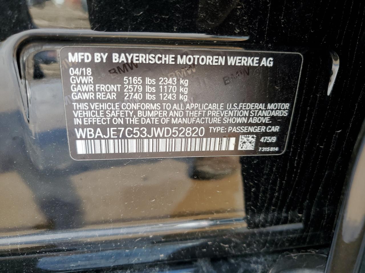 2018 BMW 540 Xi VIN: WBAJE7C53JWD52820 Lot: 64148655