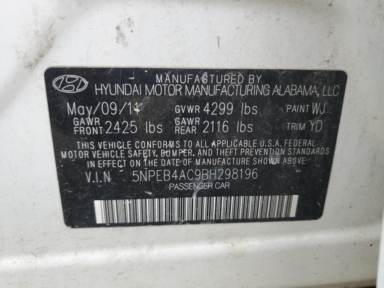 2011 Hyundai Sonata Gls VIN: 5NPEB4AC9BH298196 Lot: 63297835