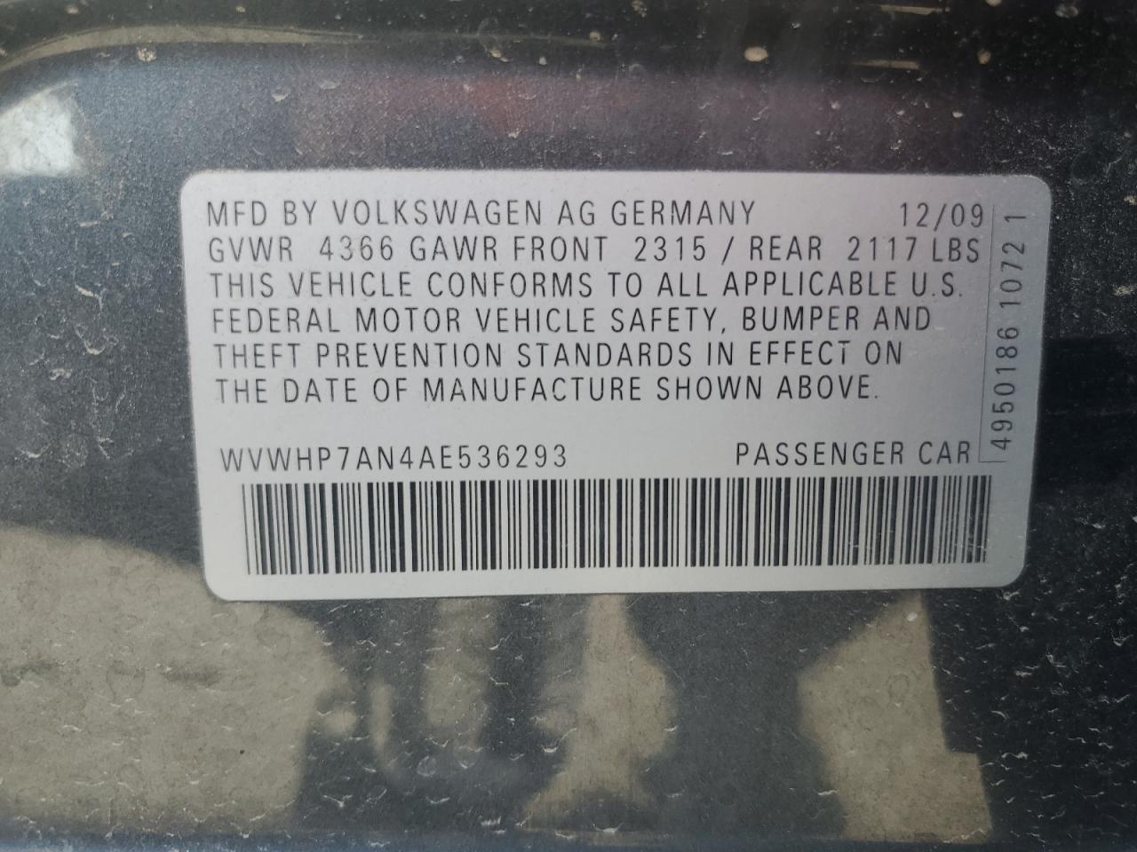 2010 Volkswagen Cc Luxury VIN: WVWHP7AN4AE536293 Lot: 65633395
