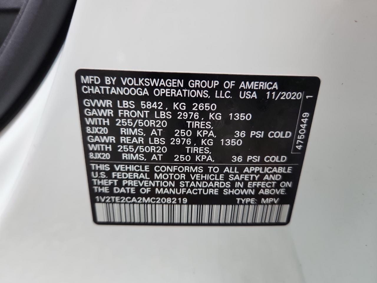2021 Volkswagen Atlas Cross Sport Sel Premium VIN: 1V2TE2CA2MC208219 Lot: 63254325