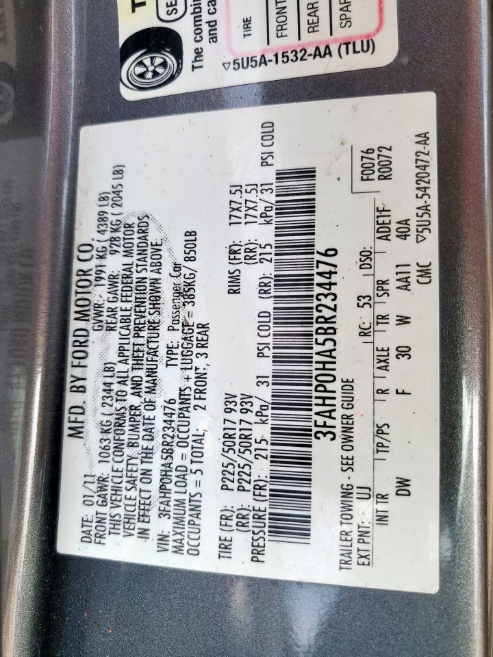 2011 Ford Fusion Se VIN: 3FAHP0HA5BR234476 Lot: 70849515