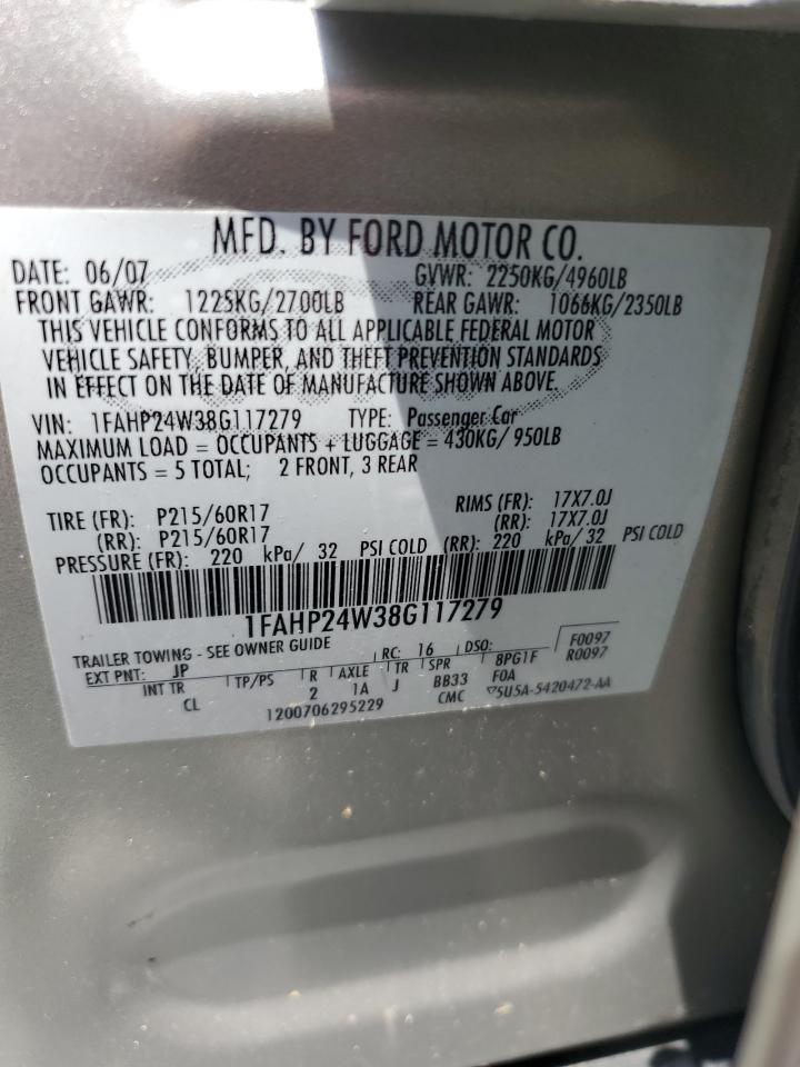 2008 Ford Taurus Sel VIN: 1FAHP24W38G117279 Lot: 63511175