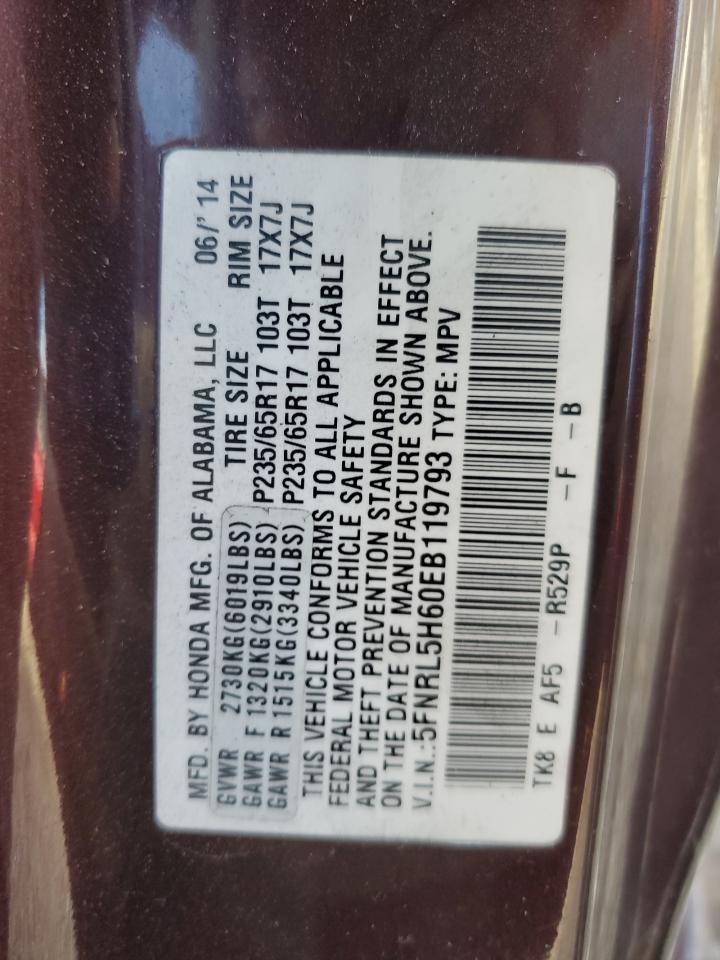 2014 Honda Odyssey Exl VIN: 5FNRL5H60EB119793 Lot: 64432975