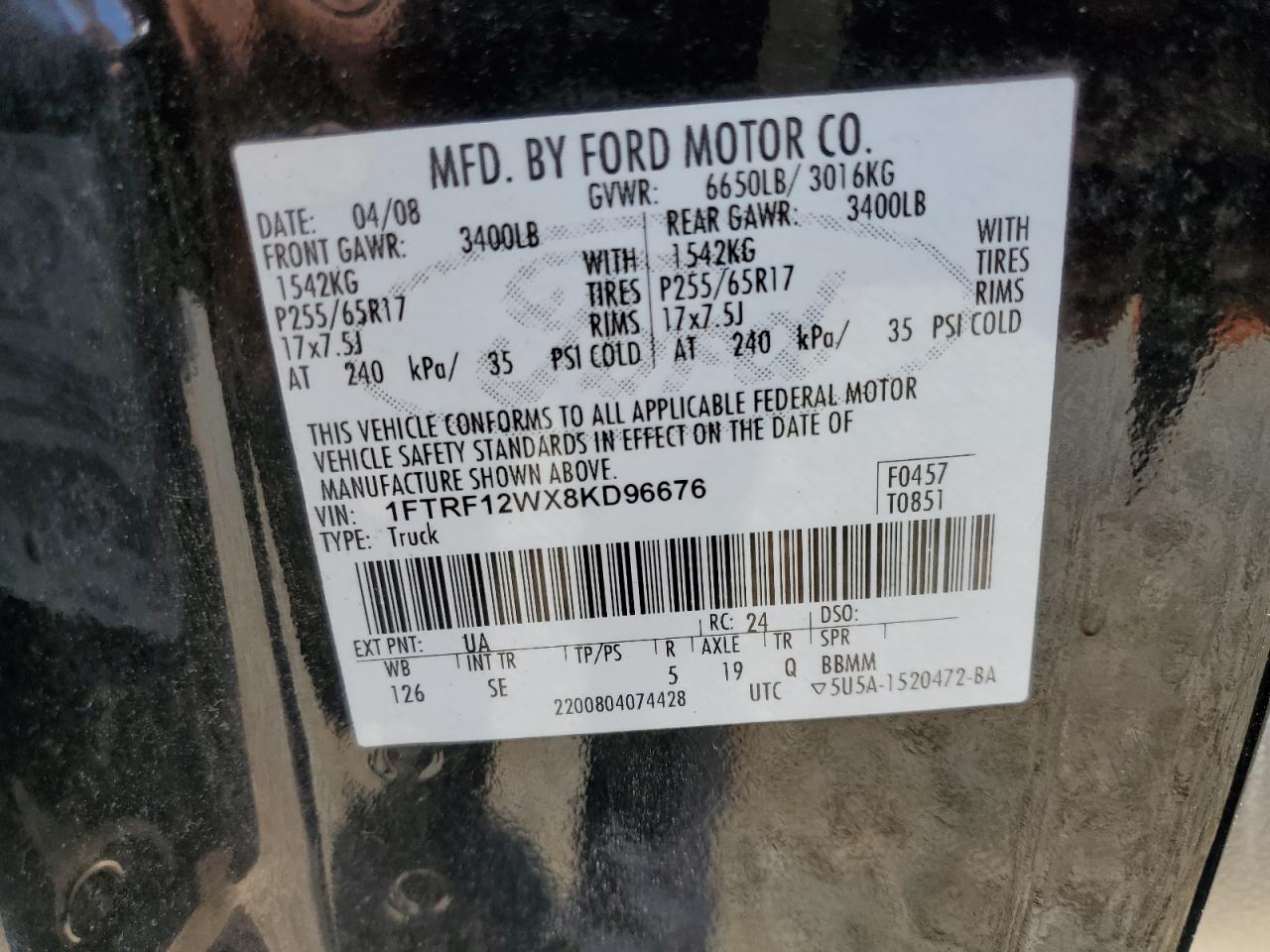 2008 Ford F150 VIN: 1FTRF12WX8KD96676 Lot: 65030825