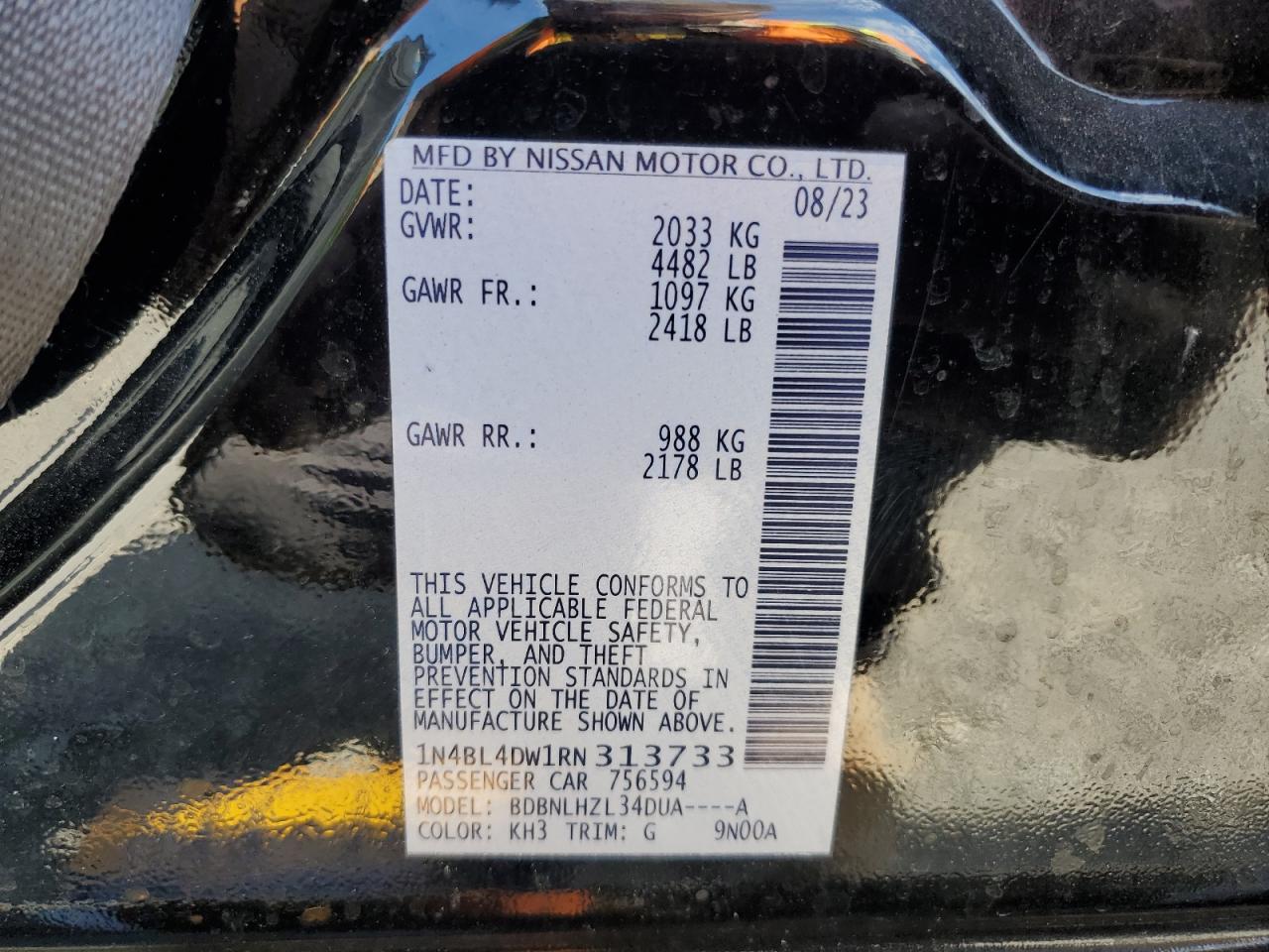 2024 Nissan Altima Sv VIN: 1N4BL4DW1RN313733 Lot: 65034045