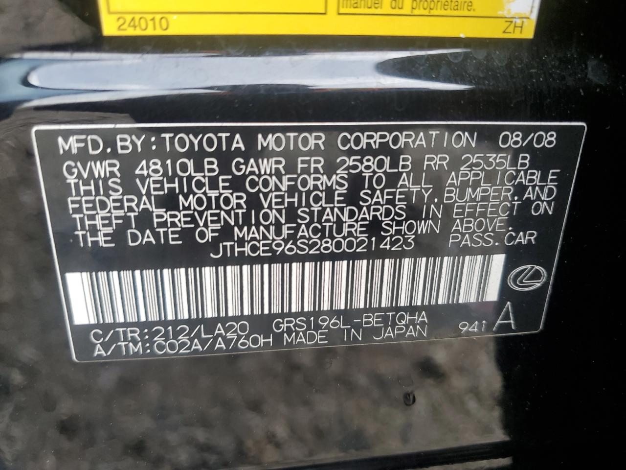 2008 Lexus Gs 350 VIN: JTHCE96S280021423 Lot: 63232215
