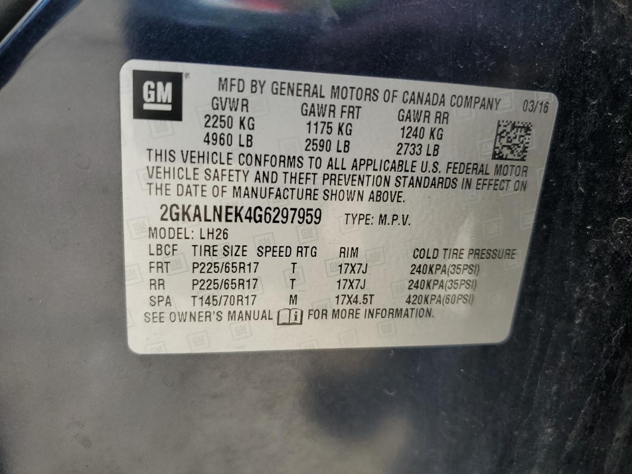2016 GMC Terrain Sle VIN: 2GKALNEK4G6297959 Lot: 64487545