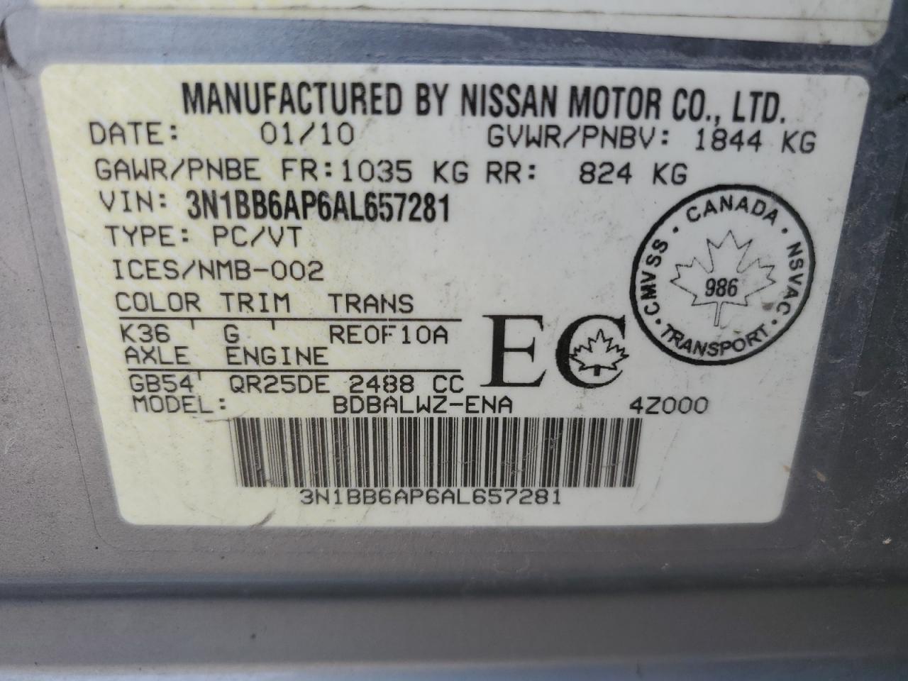 2010 Nissan Sentra Se-R VIN: 3N1BB6AP6AL657281 Lot: 63777895
