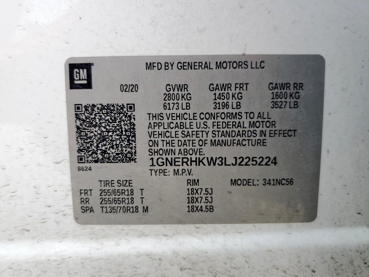 2020 Chevrolet Traverse Lt VIN: 1GNERHKW3LJ225224 Lot: 64946575