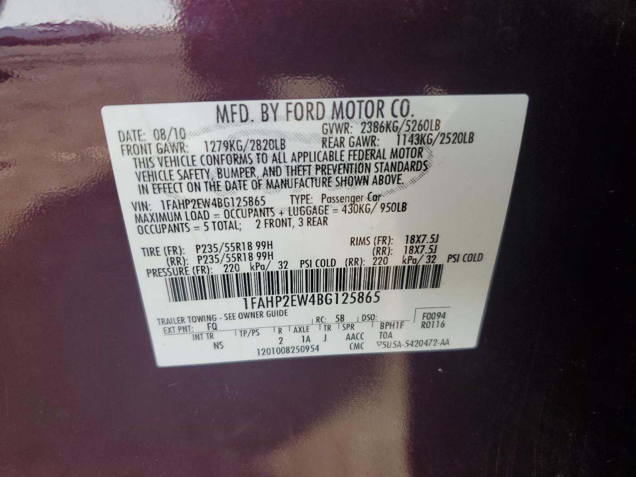 2011 Ford Taurus Sel VIN: 1FAHP2EW4BG125865 Lot: 66133955
