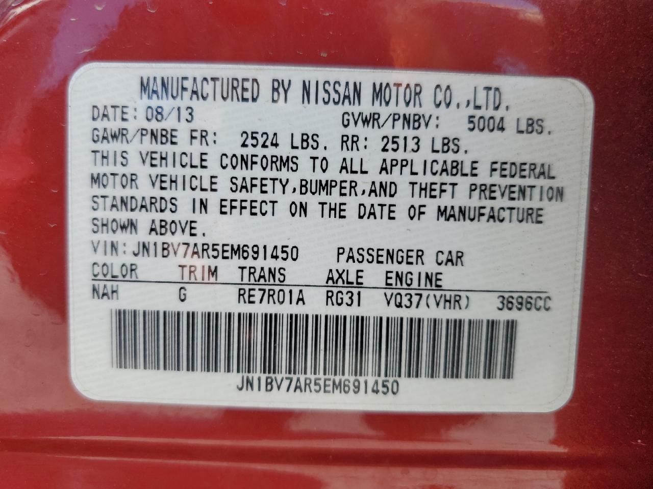2014 Infiniti Q50 Base VIN: JN1BV7AR5EM691450 Lot: 64234525