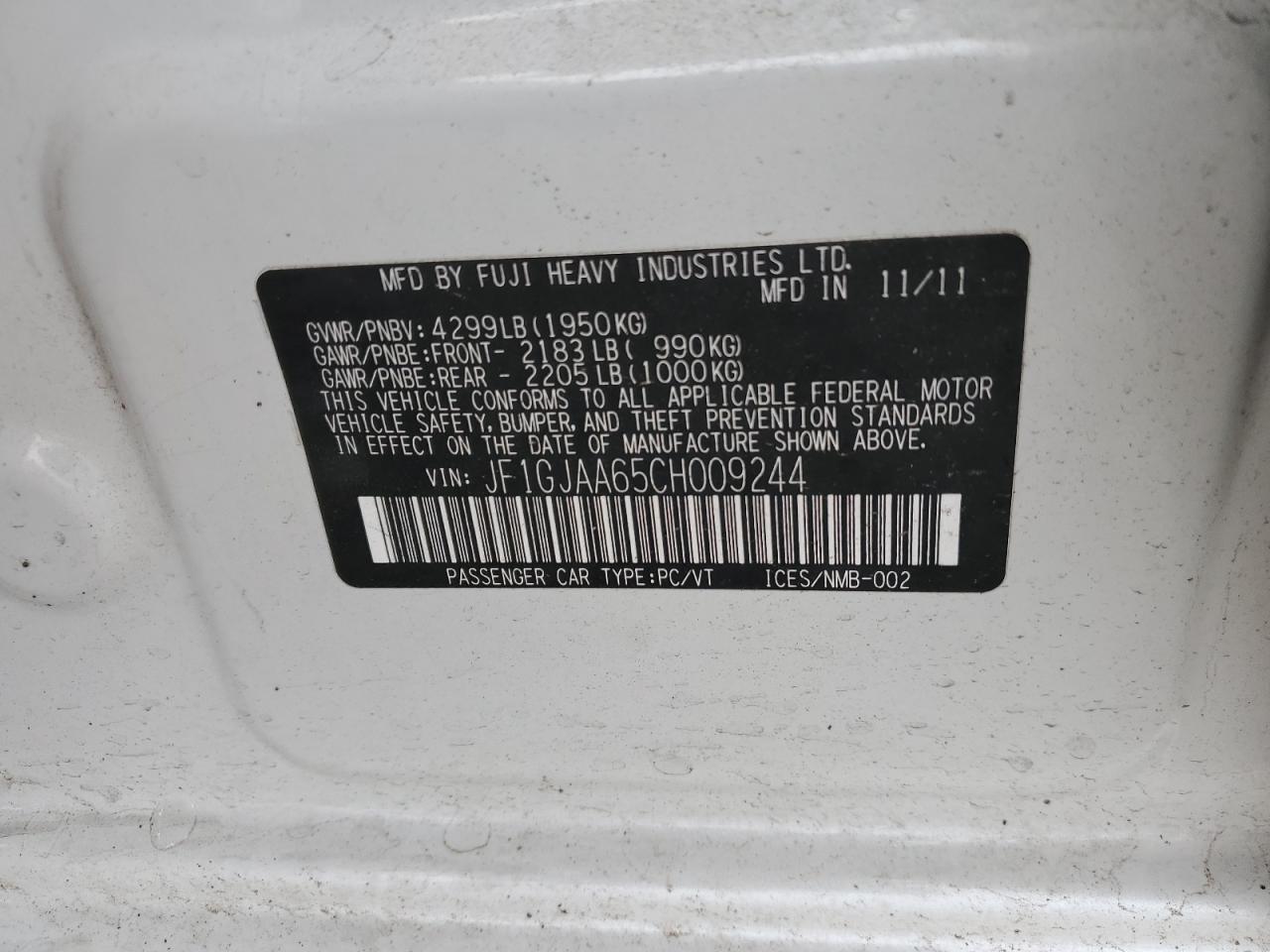 2012 Subaru Impreza VIN: JF1GJAA65CH009244 Lot: 64640645