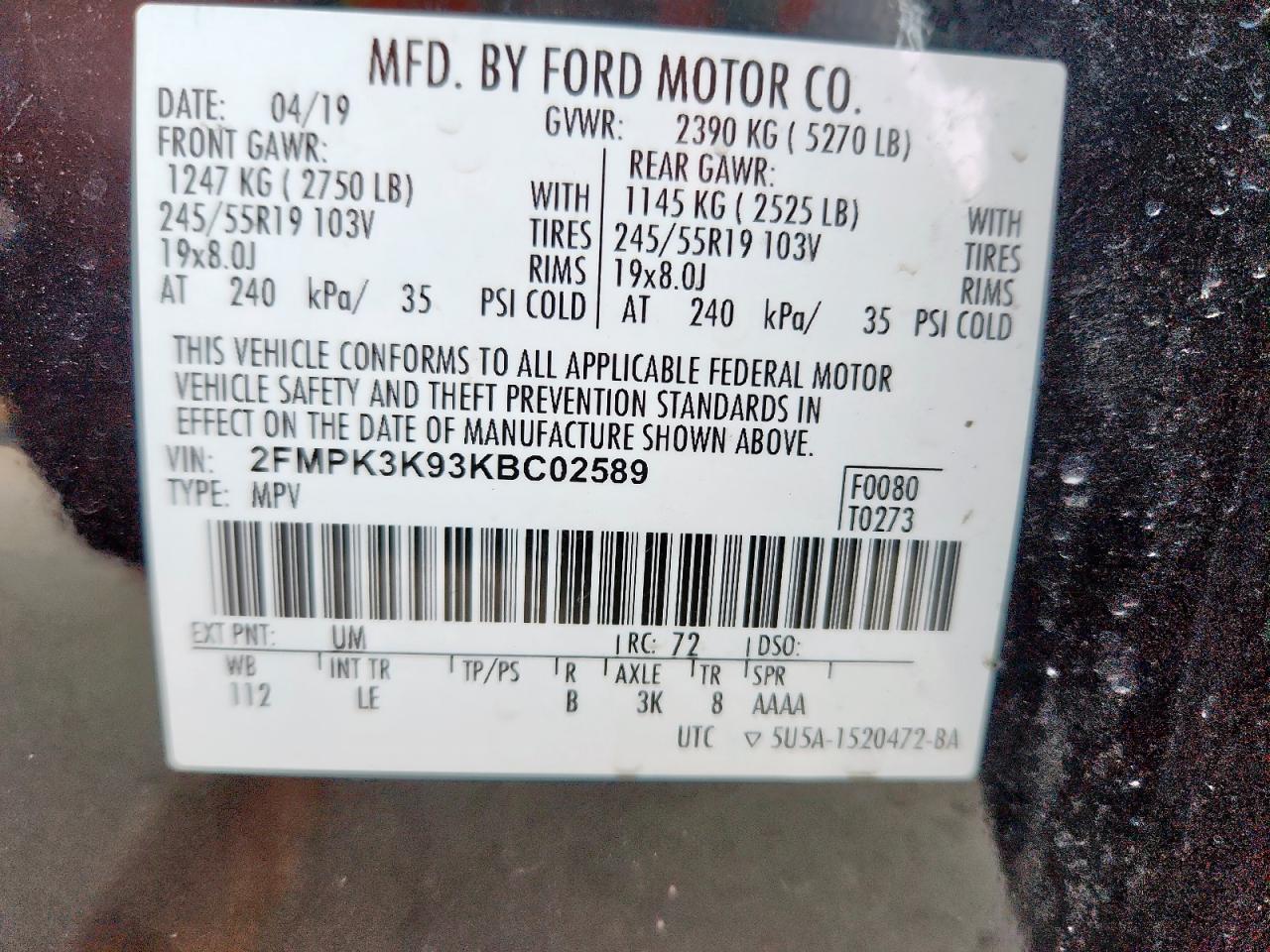2019 Ford Edge Titanium VIN: 2FMPK3K93KBC02589 Lot: 65410425
