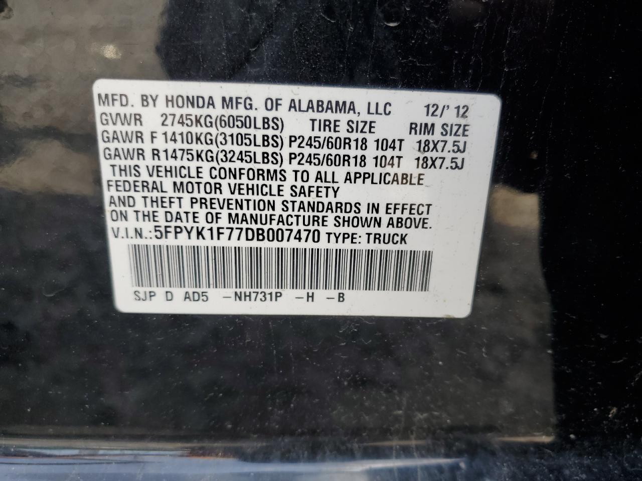 2013 Honda Ridgeline Sport VIN: 5FPYK1F77DB007470 Lot: 63715035