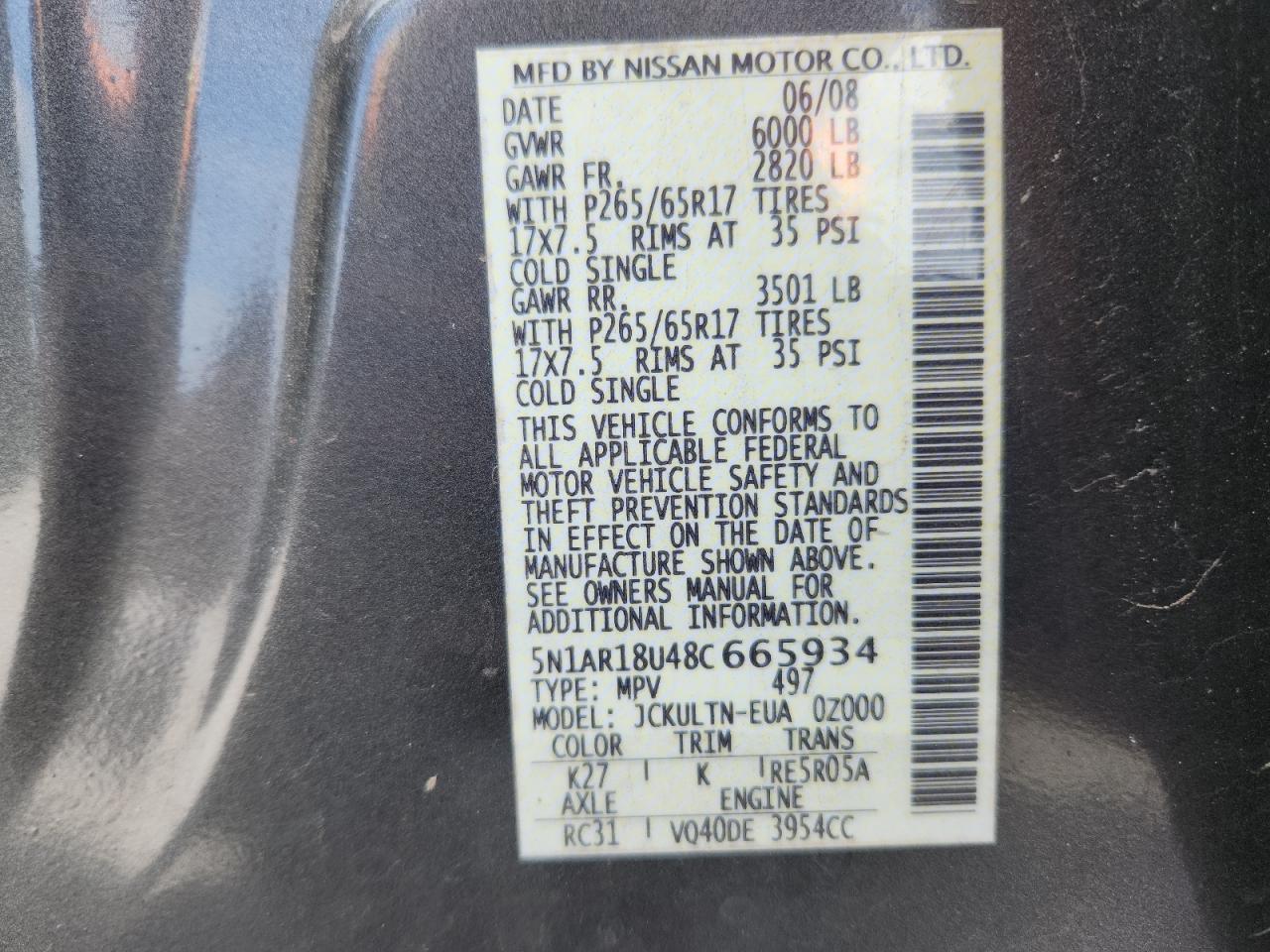 2008 Nissan Pathfinder S VIN: 5N1AR18U48C665934 Lot: 64238785