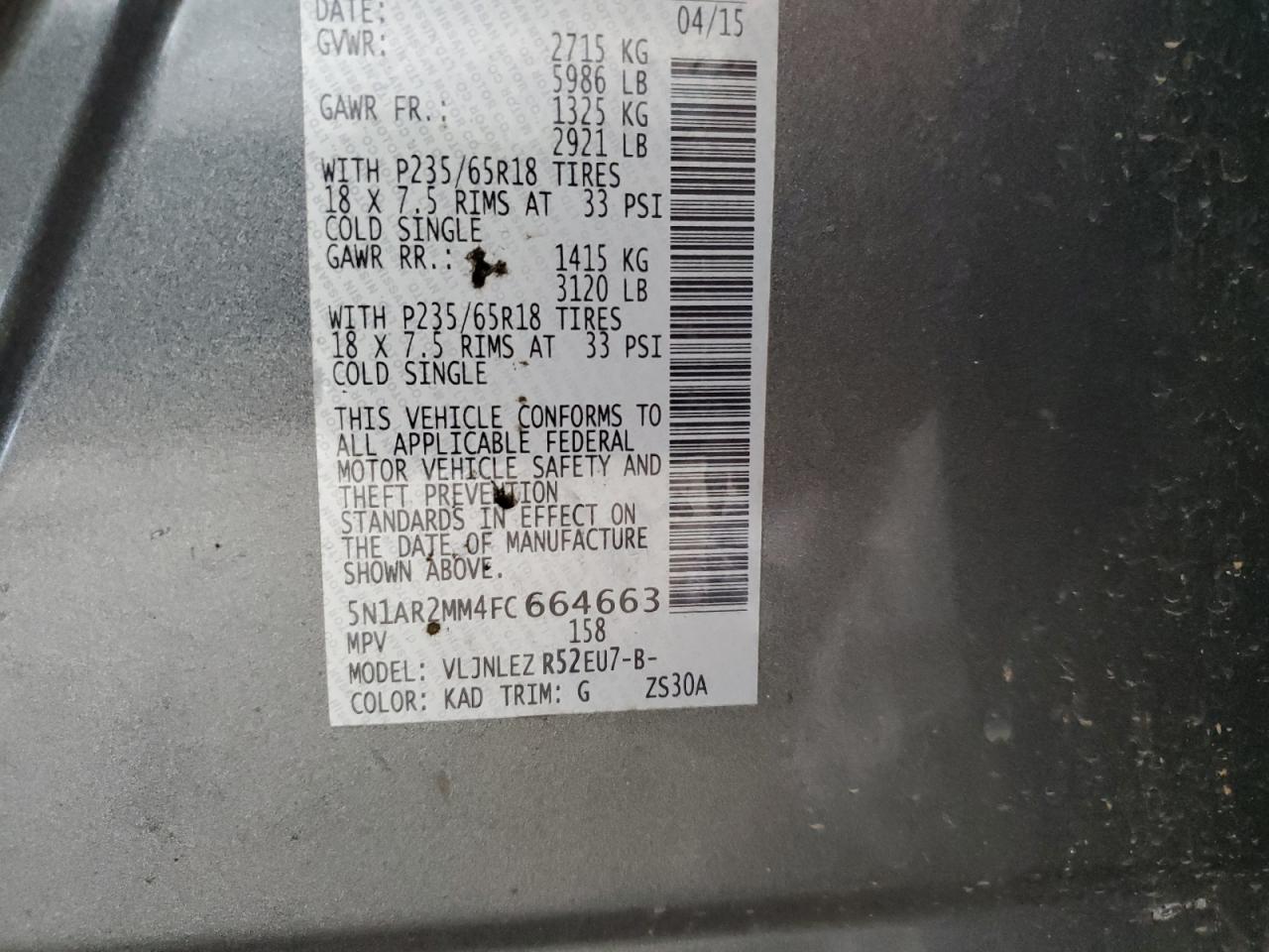 2015 Nissan Pathfinder S VIN: 5N1AR2MM4FC664663 Lot: 62366335