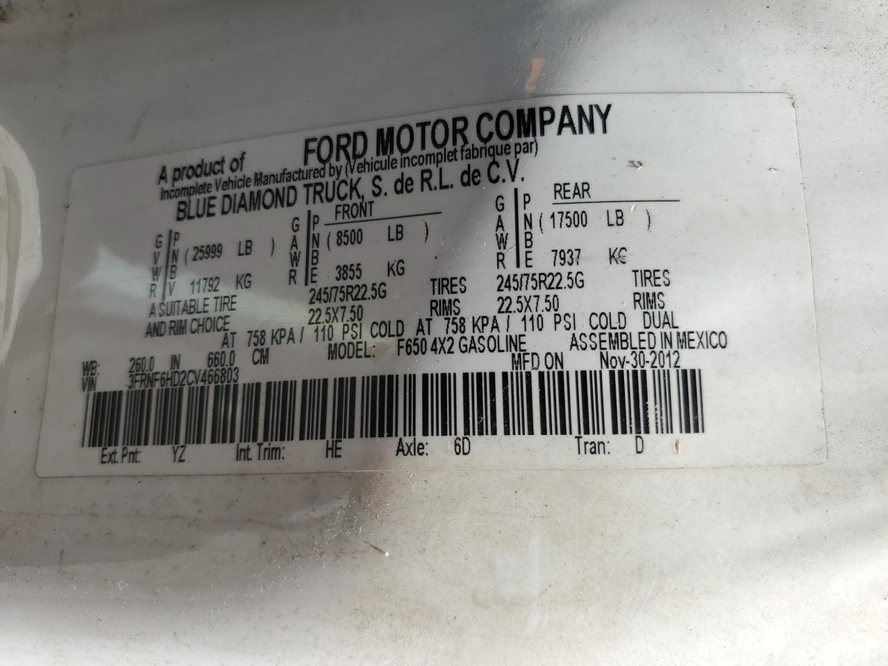 2012 Ford F650 Super - Trucks Expeditor Truck VIN: 3FRNF6HD2CV466803 Lot: 66008145