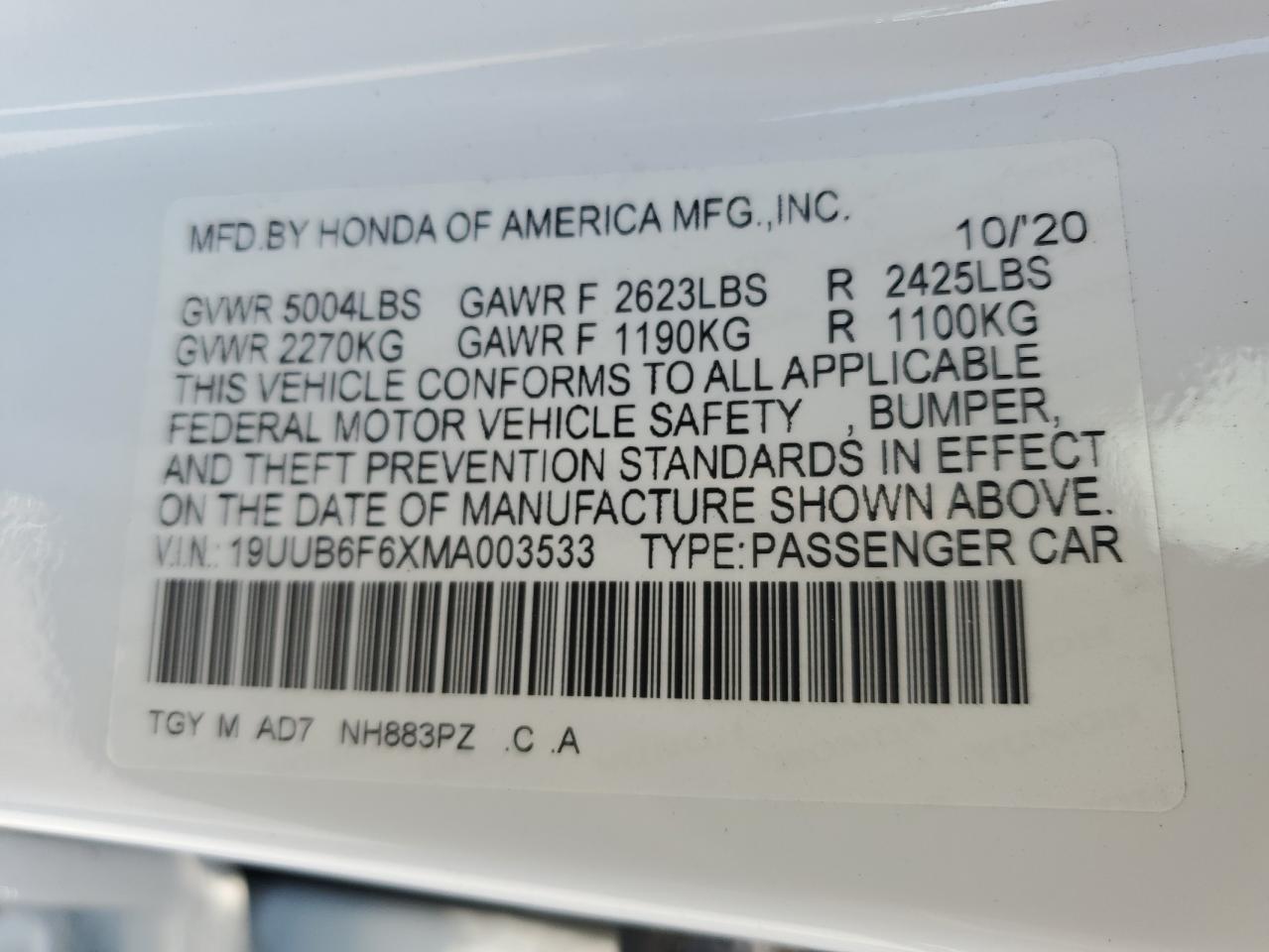 2021 Acura Tlx Advance VIN: 19UUB6F6XMA003533 Lot: 66484485