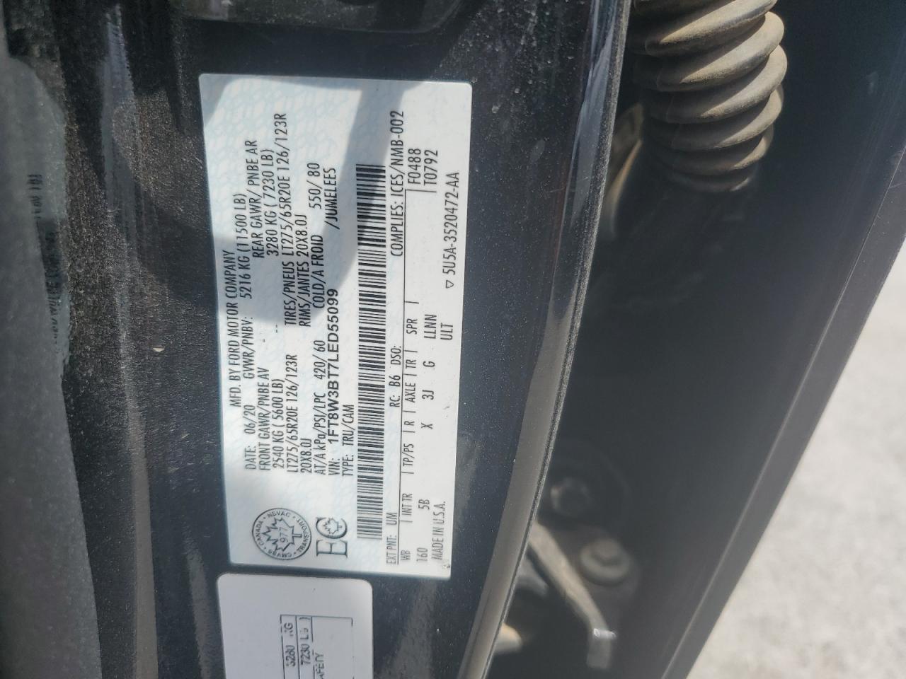 2020 Ford F350 Super Duty VIN: 1FT8W3BT7LED55099 Lot: 64095645