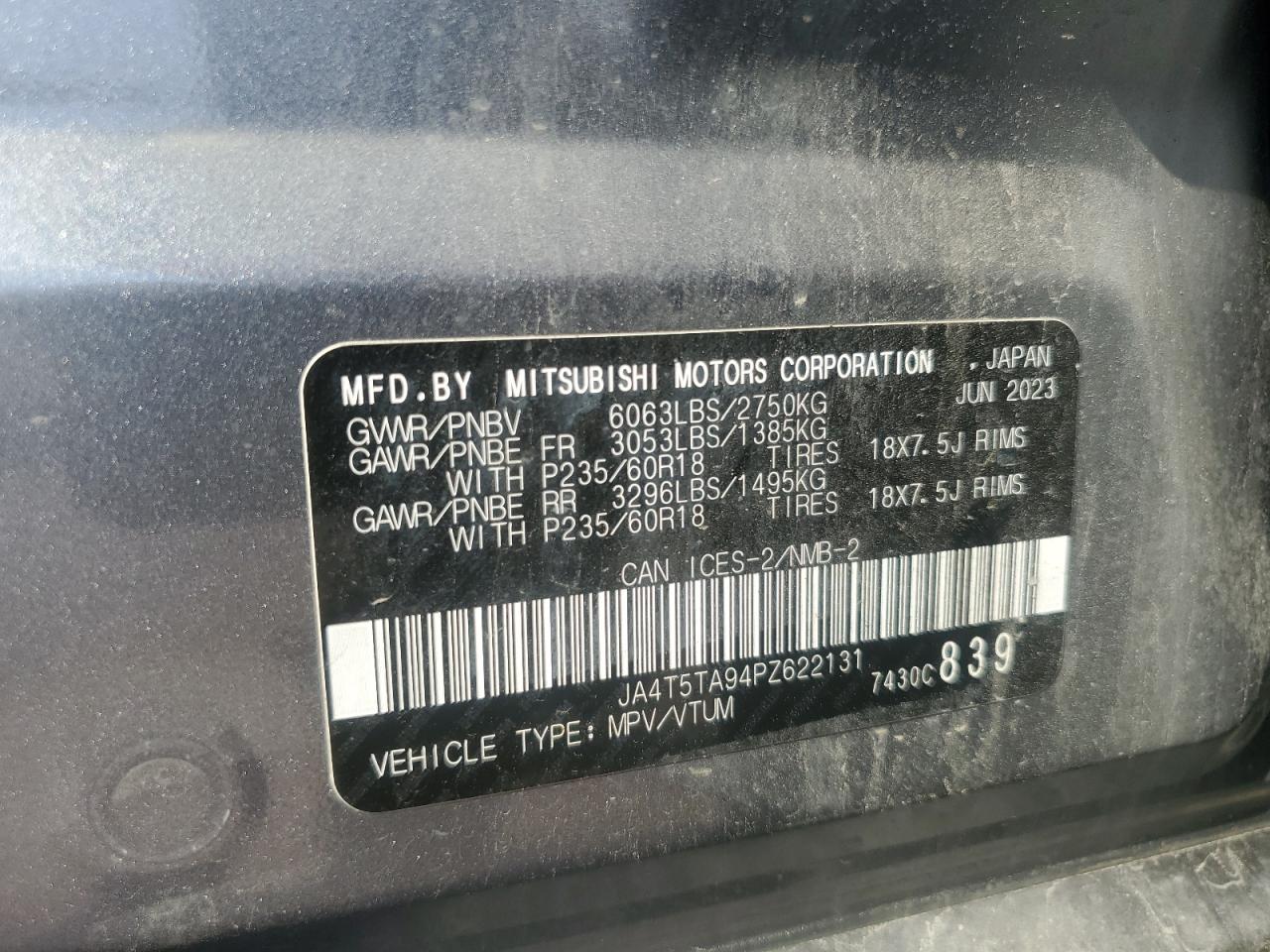 2023 Mitsubishi Outlander Es VIN: JA4T5TA94PZ622131 Lot: 64735185